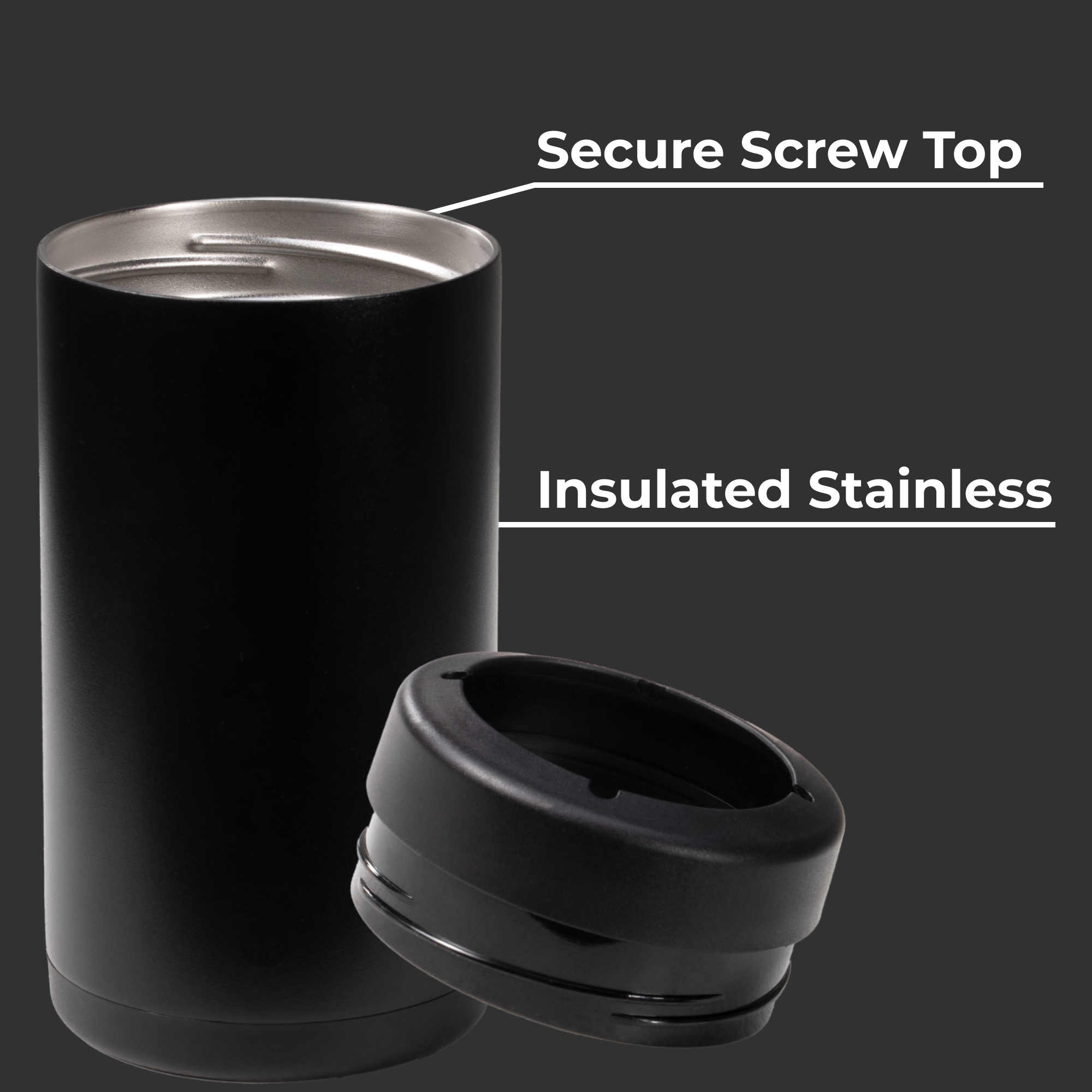 Black Can Cooler 16oz Insulated Stainless with Screw Top