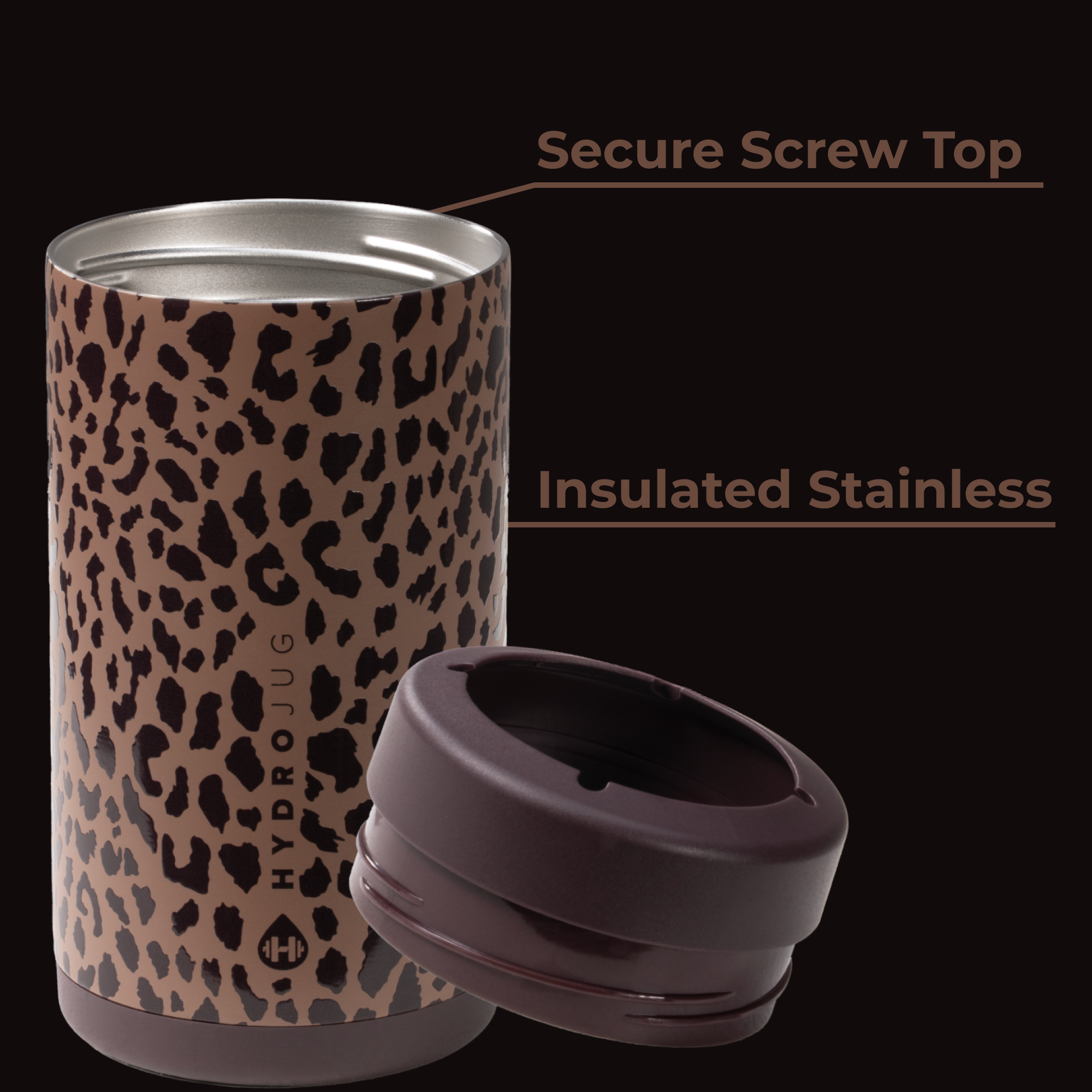 Brown Leopard Can Cooler 16oz Insulated Stainless with Screw Top