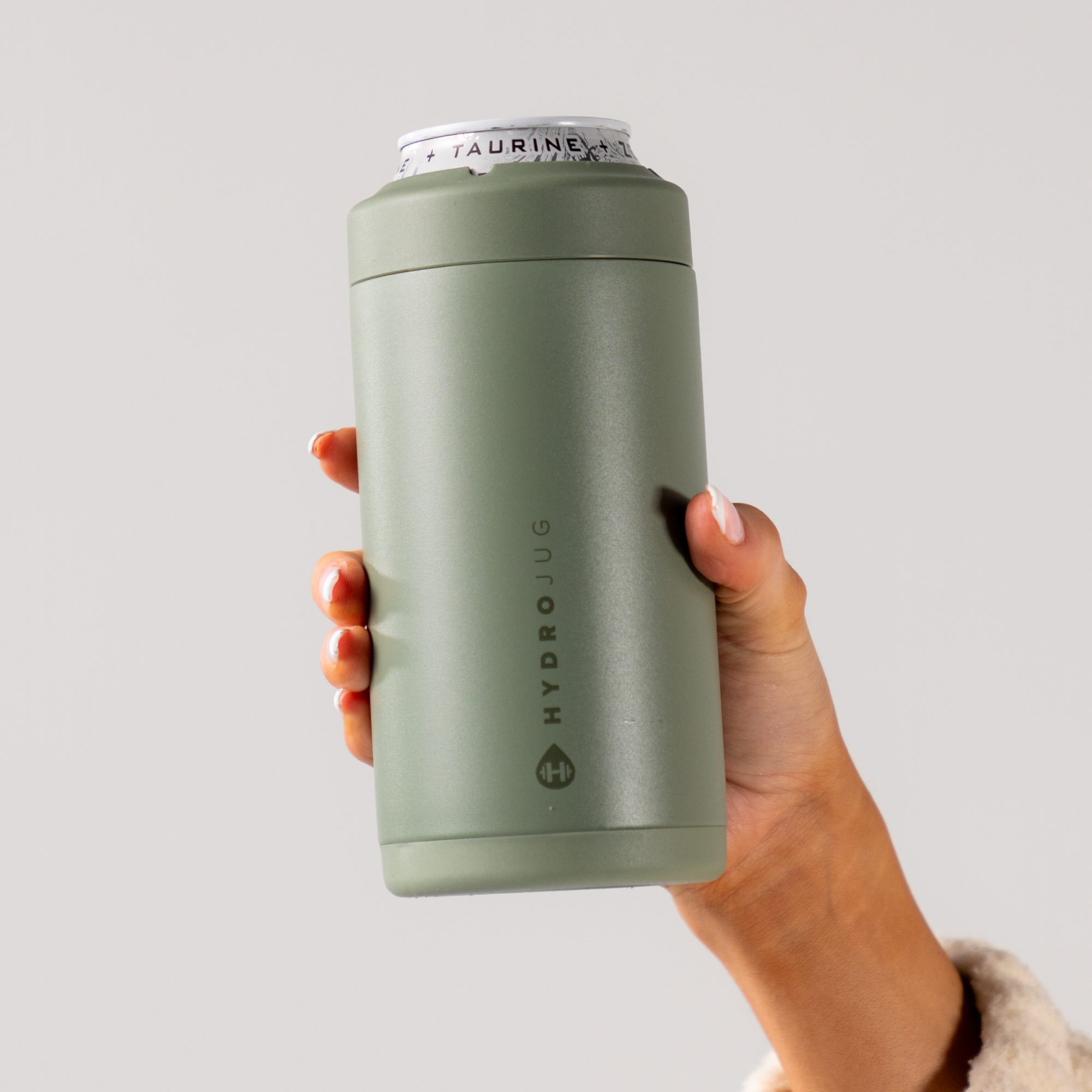 Hands Holding a HydroJug Courtyard Can Cooler 16oz