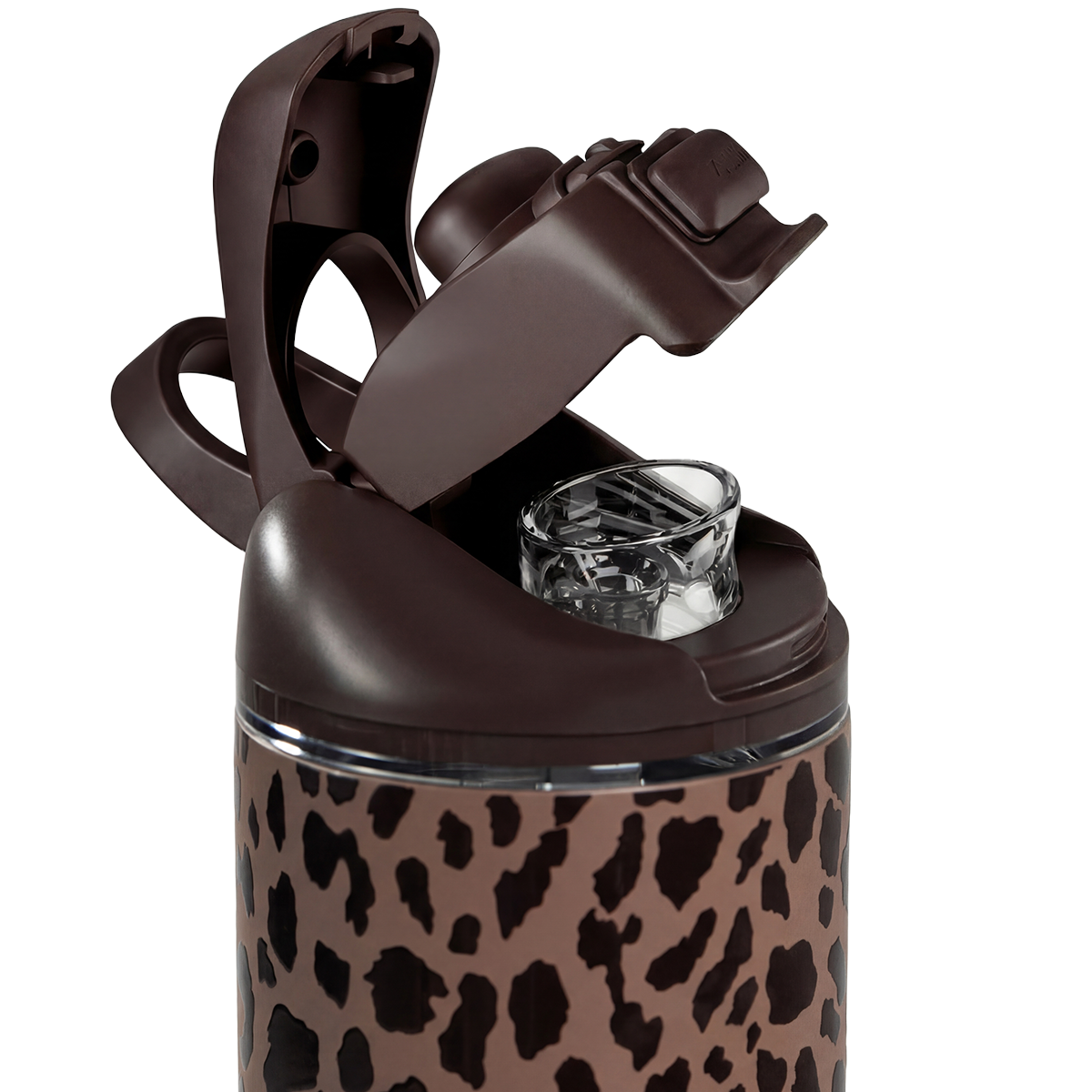 Close-up of HydroJug Ease2o Straw and Chug Lid in Brown Leopard 24oz