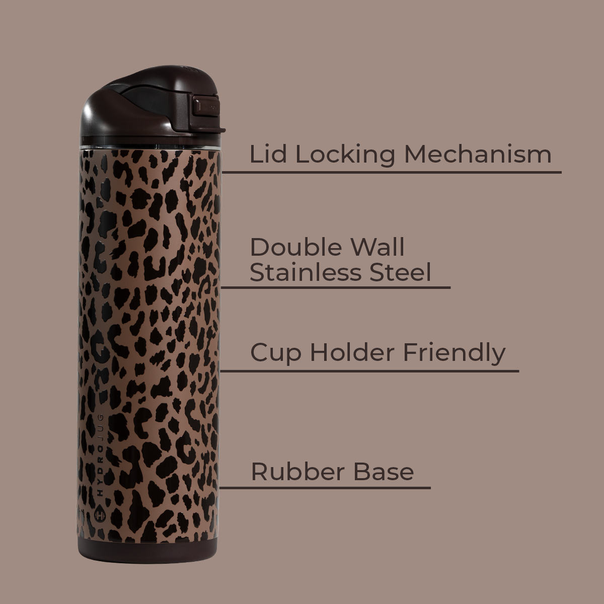 Brown Leopard 24oz Ease2o Features: Locking Lid, Stainless Steel, Rubber Base