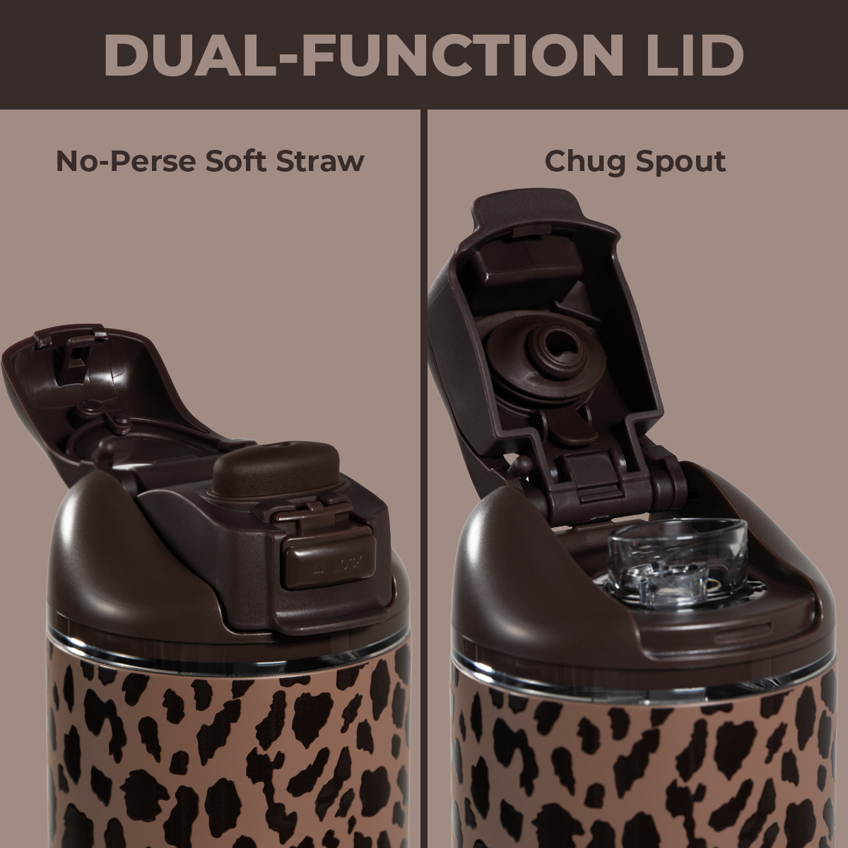 Brown Leopard 24oz Ease2o Lid: Soft Straw and Chug Spout Options