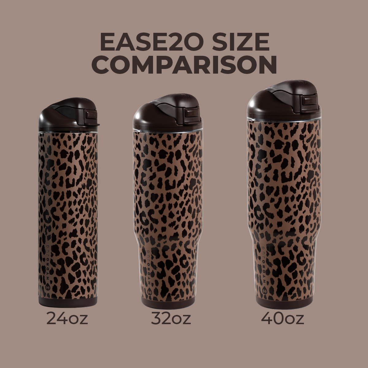 Brown Leopard  HydroJug Ease2o Size Comparison: 24oz, 32oz, 40oz