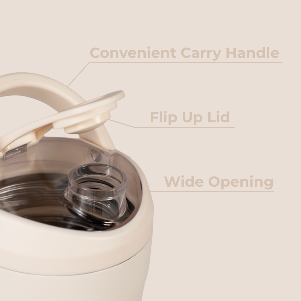 Cream Insulated Shaker 24oz Features – Carry Handle, Flip Lid, Wide Opening, Insulated